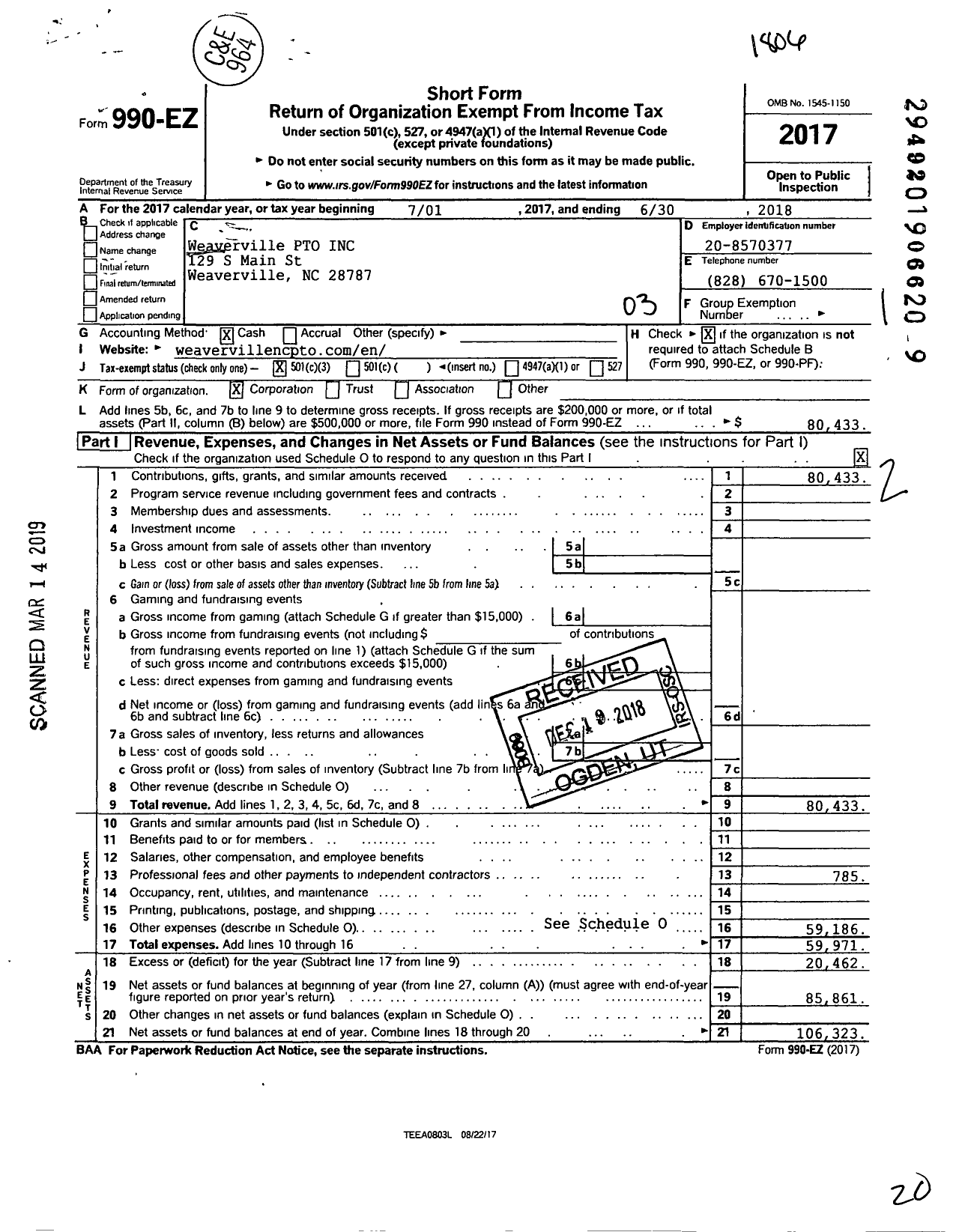 Image of first page of 2017 Form 990EZ for Weaverville PTO