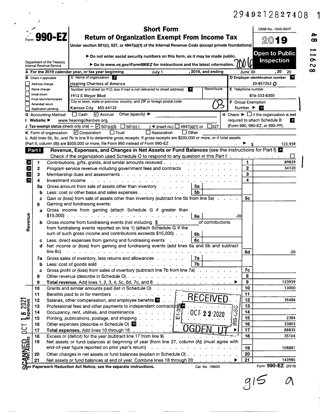 Image of first page of 2019 Form 990EZ for Hearing Charities of America