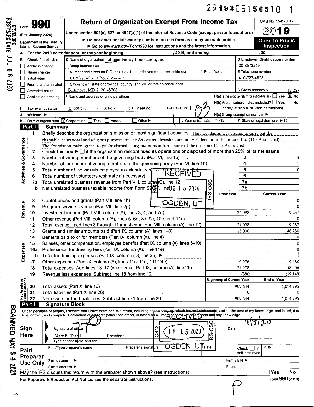 Image of first page of 2019 Form 990 for Libman Family Foundation