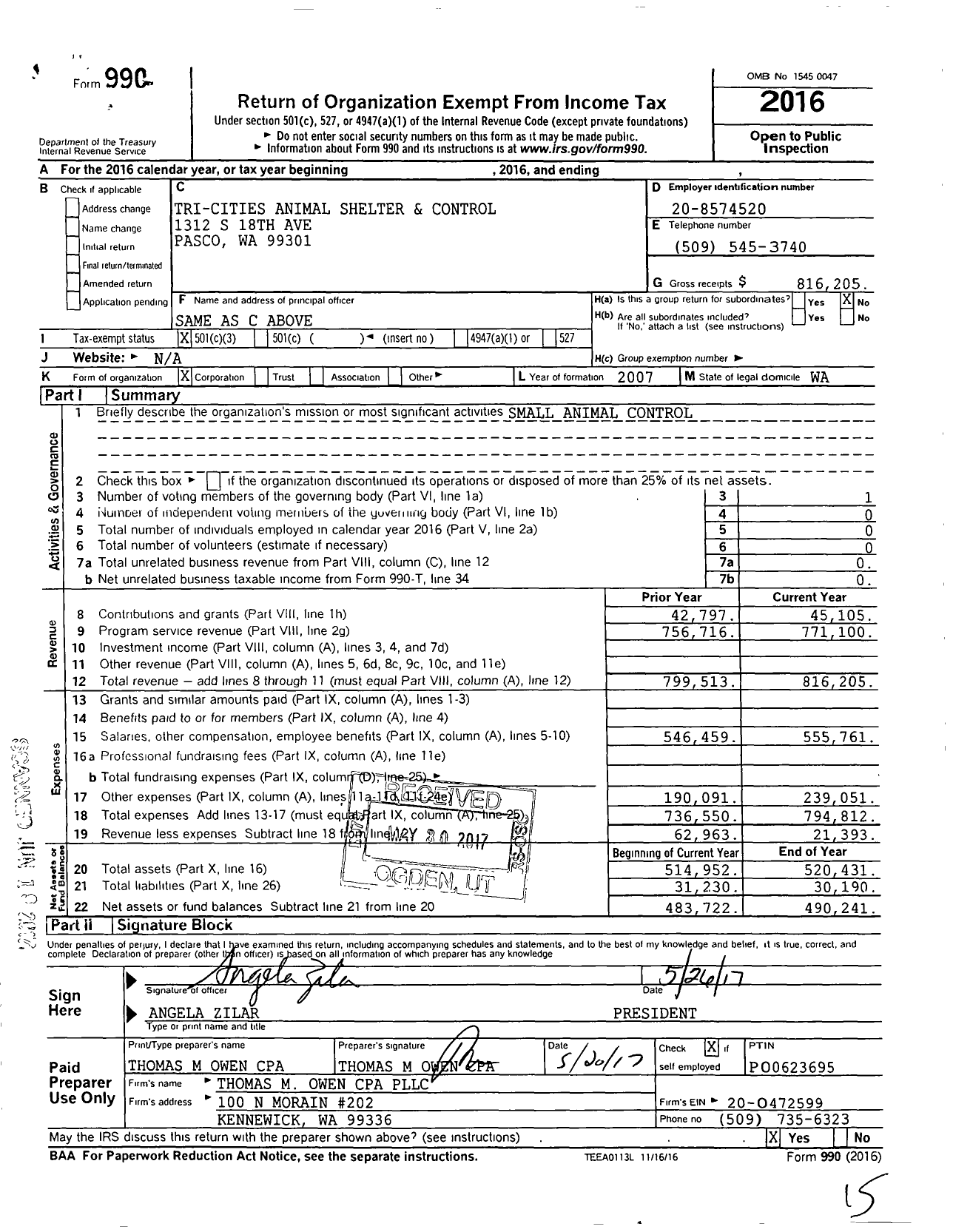 Image of first page of 2016 Form 990 for Tri-Cities Animal Shelter and Control Services