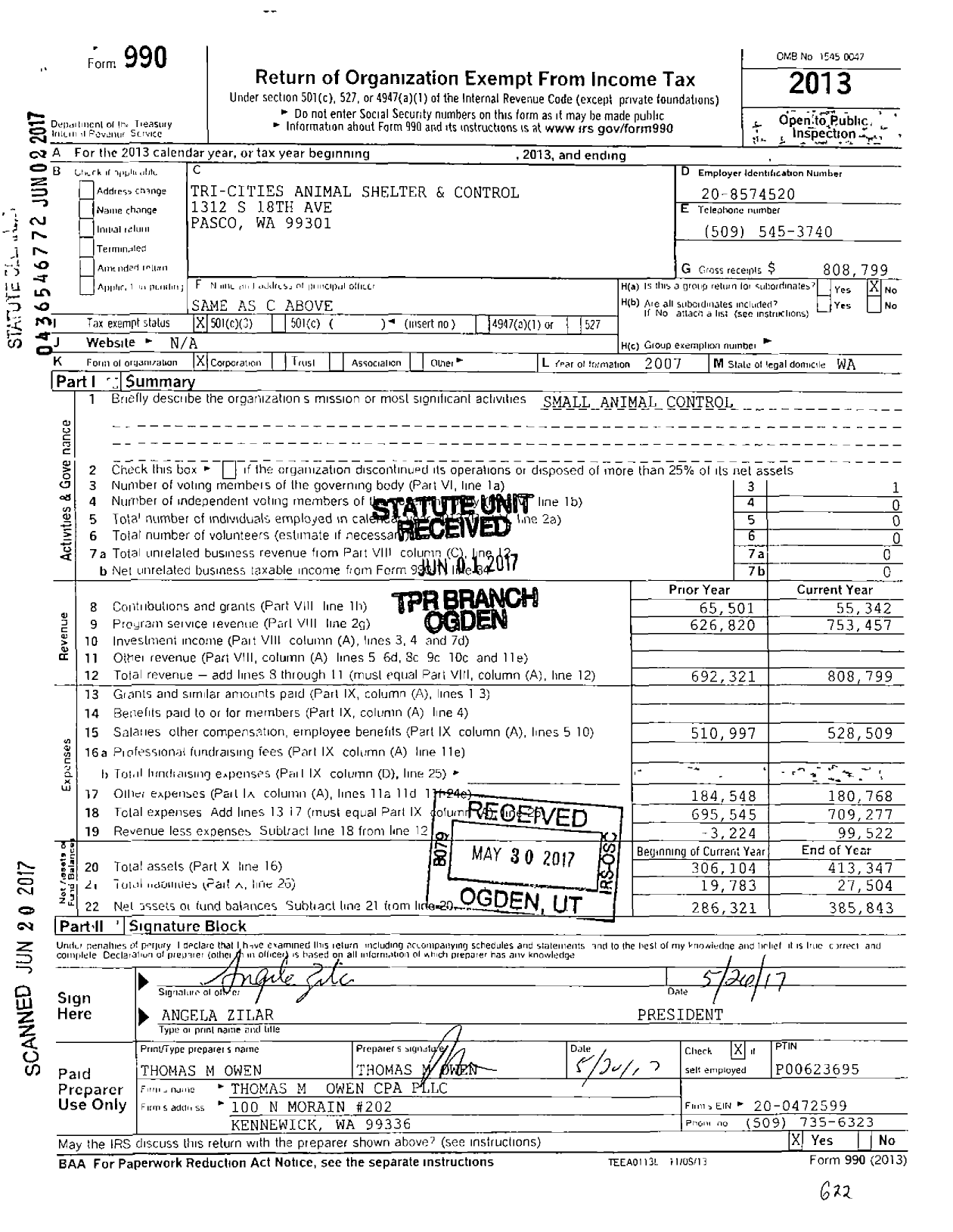 Image of first page of 2013 Form 990 for Tri-Cities Animal Shelter and Control Services