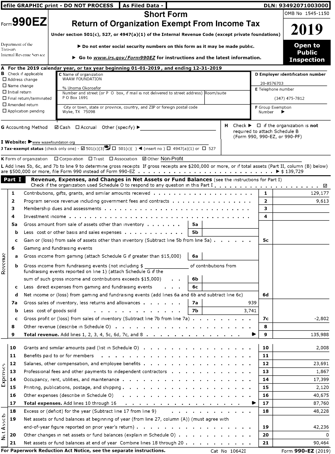 Image of first page of 2019 Form 990EZ for Waaw Foundation