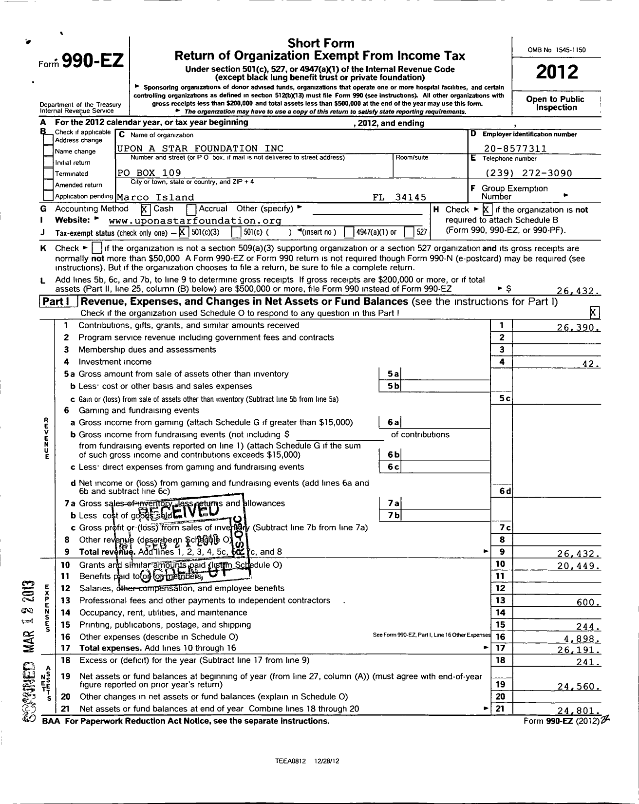 Image of first page of 2012 Form 990EZ for Upon A Star Foundation