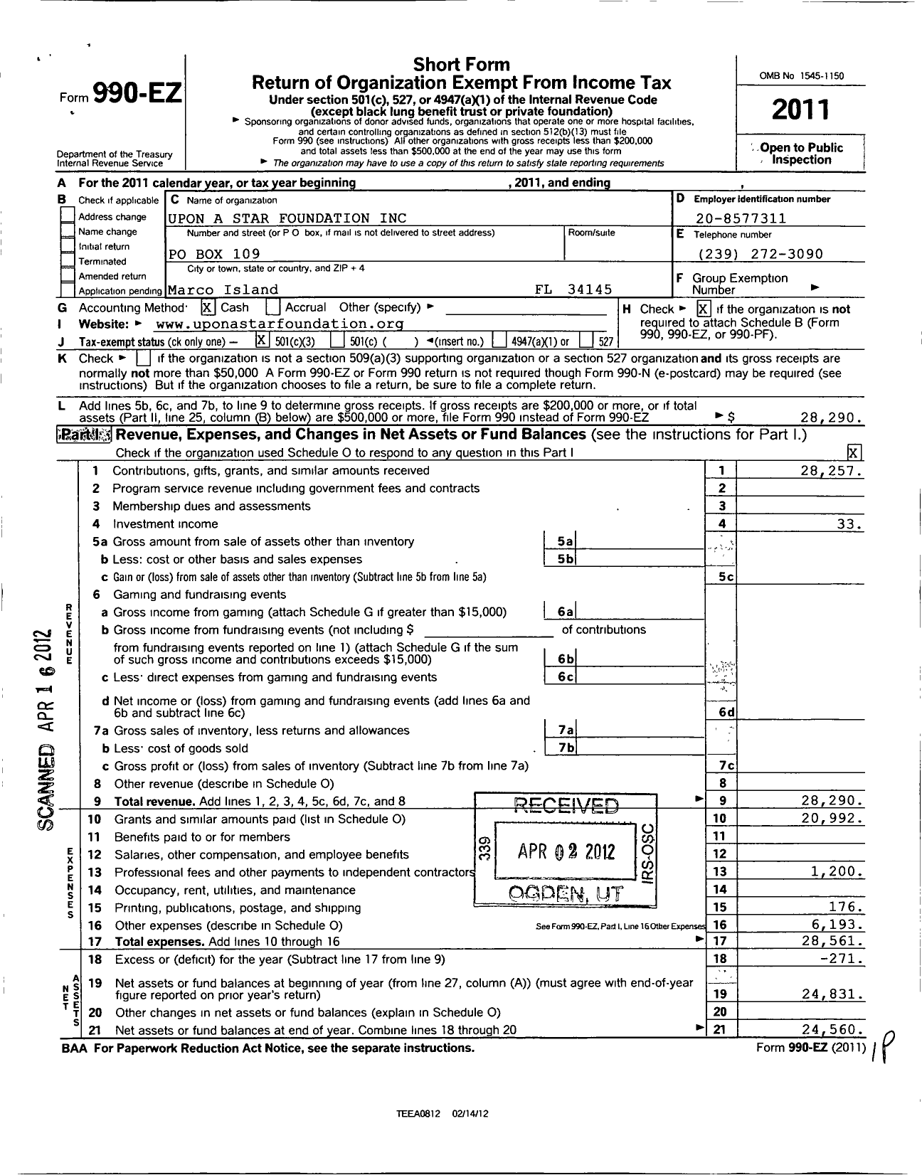 Image of first page of 2011 Form 990EZ for Upon A Star Foundation