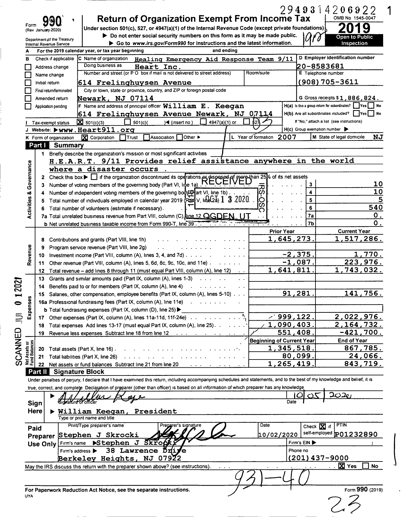 Image of first page of 2019 Form 990 for Healing Emergency Aid Response Team 911 Heart