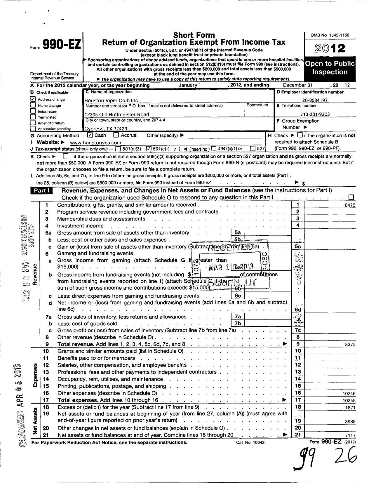 Image of first page of 2012 Form 990EO for Houston Viper Club