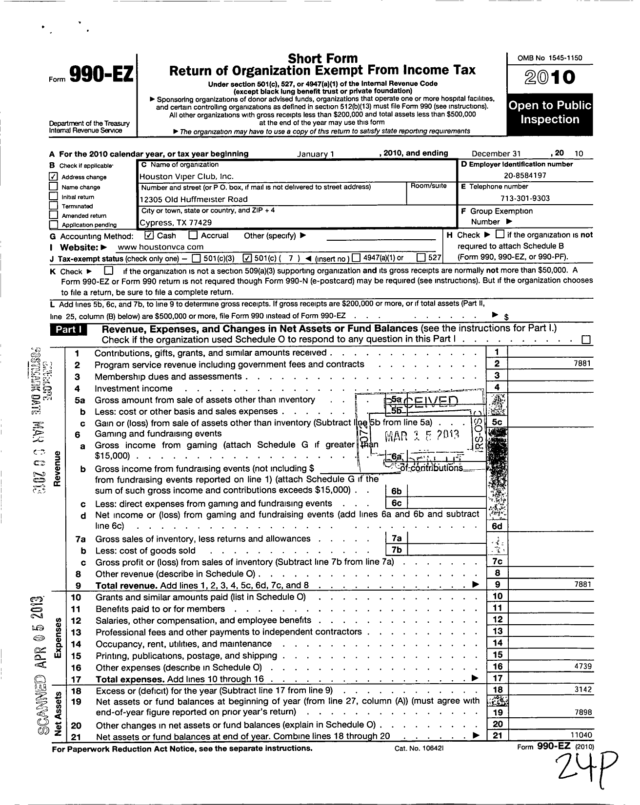 Image of first page of 2010 Form 990EO for Houston Viper Club