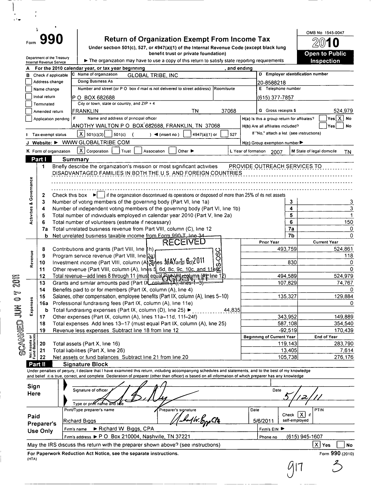 Image of first page of 2010 Form 990 for Global Tribe