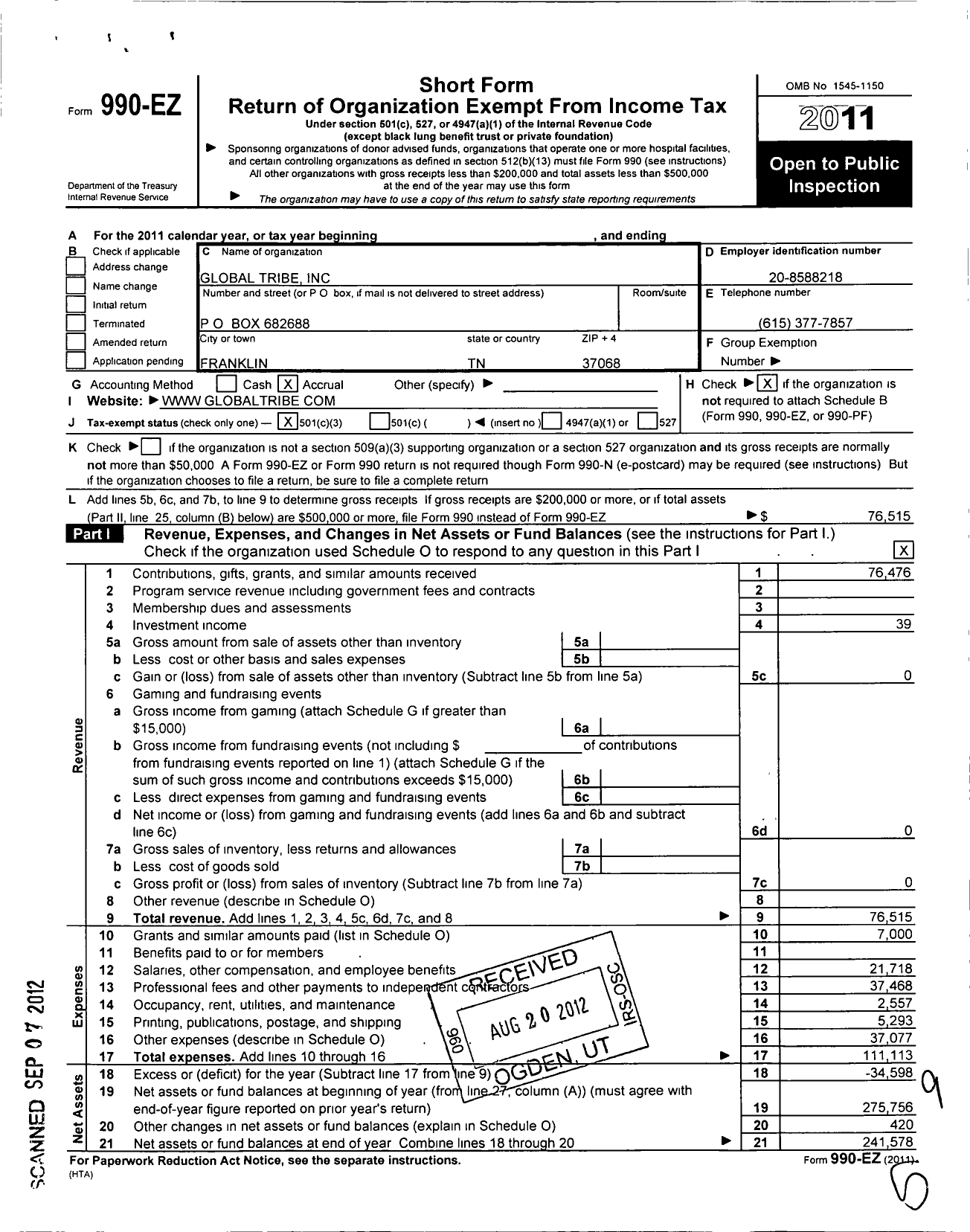 Image of first page of 2011 Form 990EZ for Global Tribe