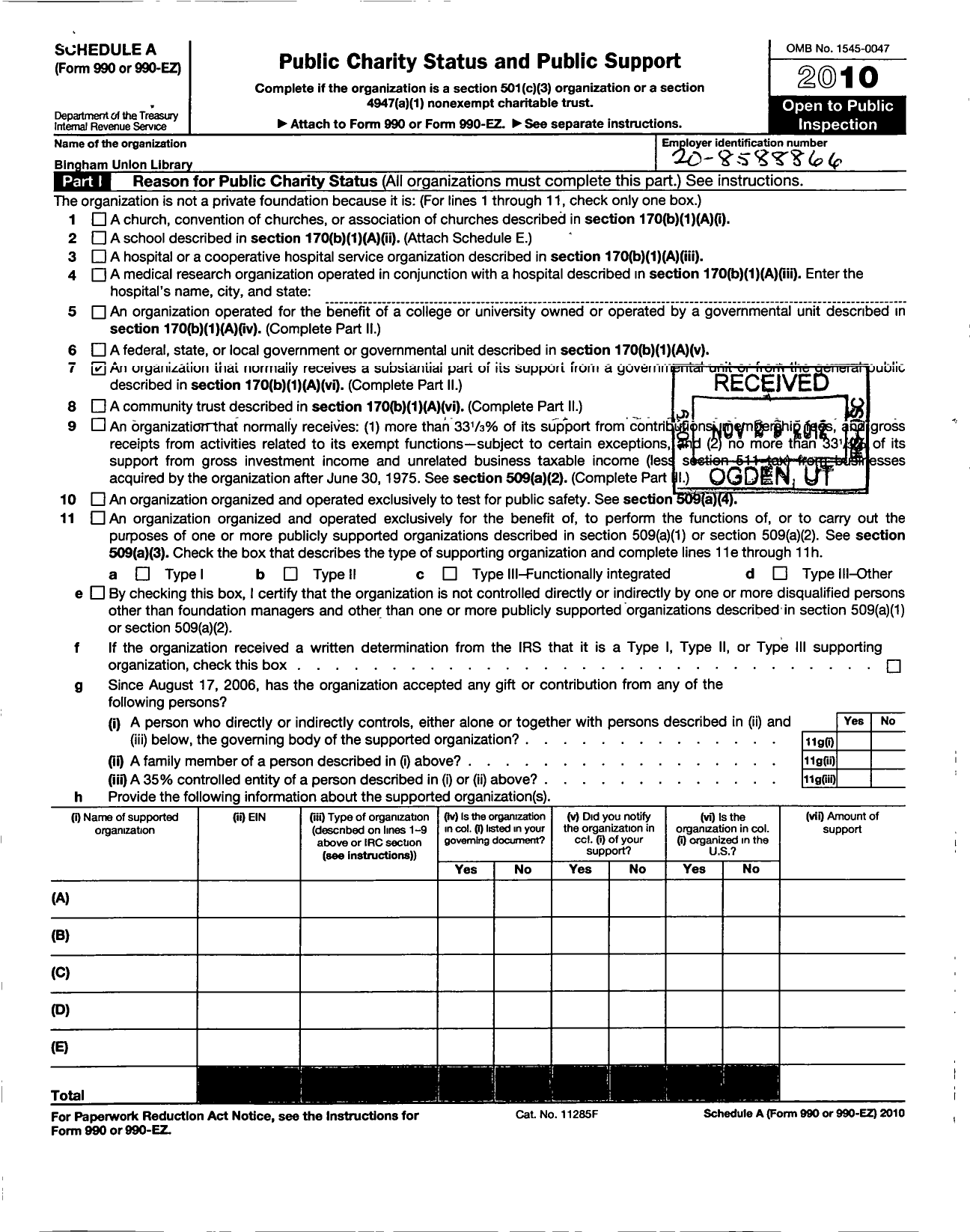 Image of first page of 2010 Form 990ER for Bingham Union Library