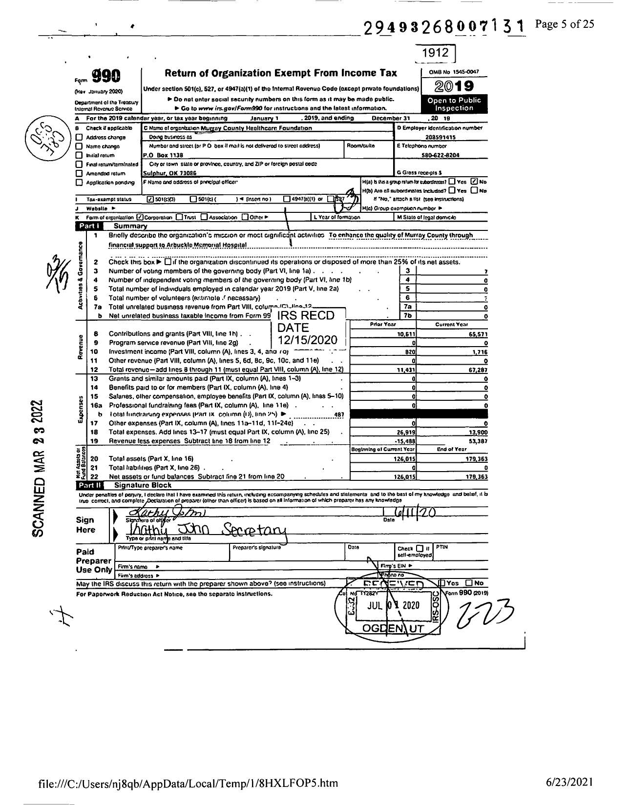 Image of first page of 2019 Form 990 for Murray County Healthcare Foundation