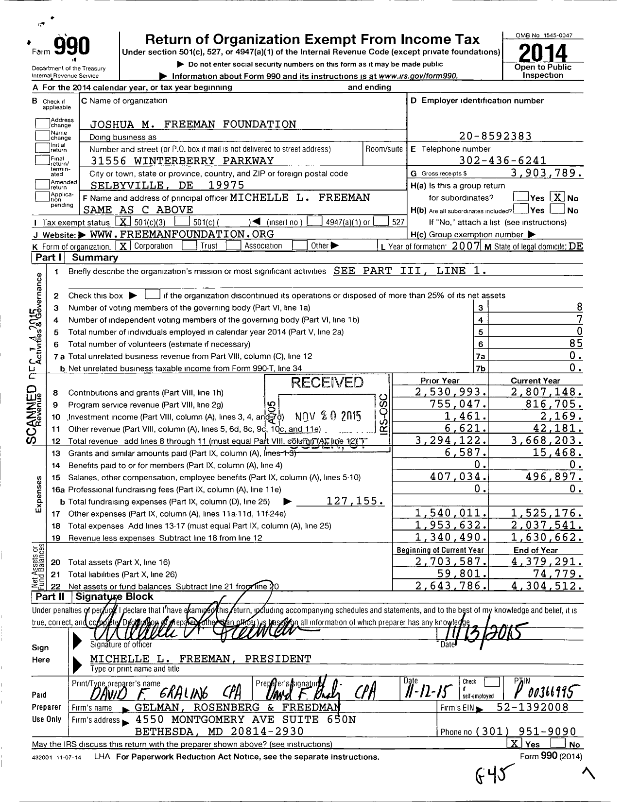 Image of first page of 2014 Form 990 for Joshua M Freeman Foundation