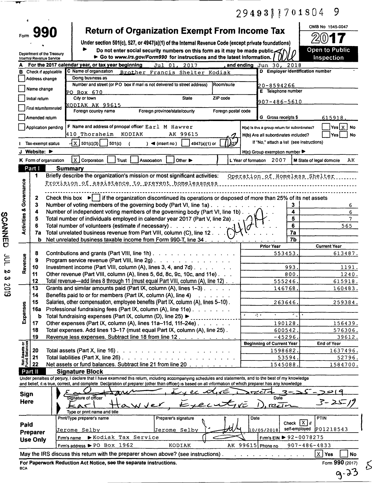 Image of first page of 2017 Form 990 for Brother Francis Shelter Kodiak