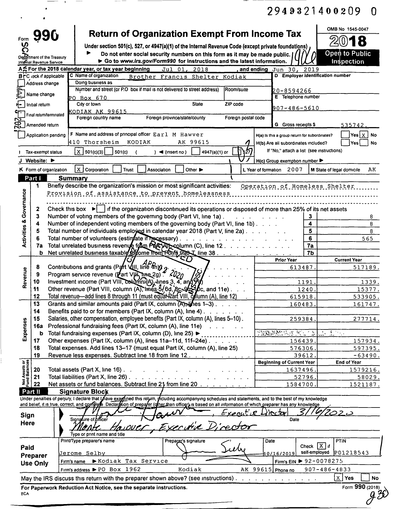 Image of first page of 2018 Form 990 for Brother Francis Shelter Kodiak