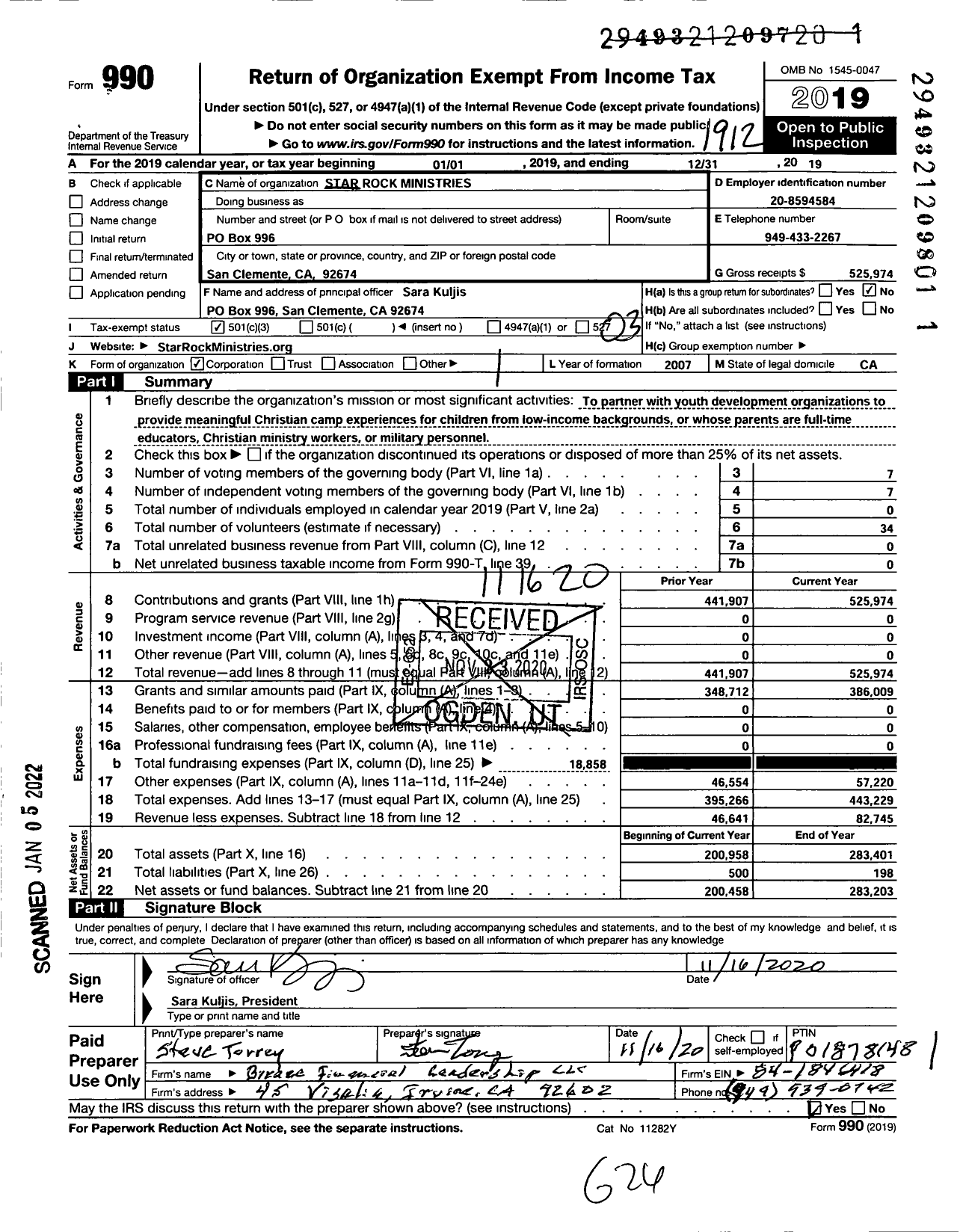 Image of first page of 2019 Form 990 for Star Rock Ministries