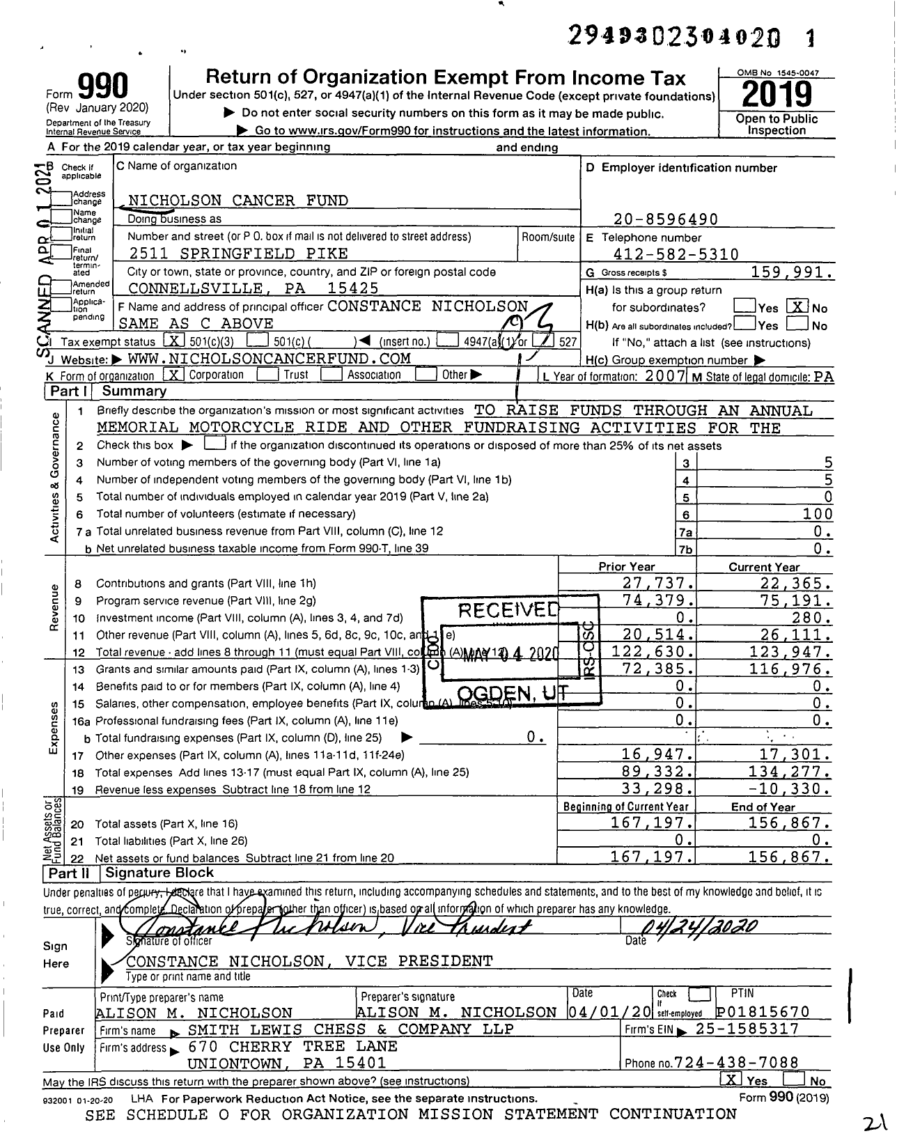 Image of first page of 2019 Form 990 for Nicholson Cancer Fund