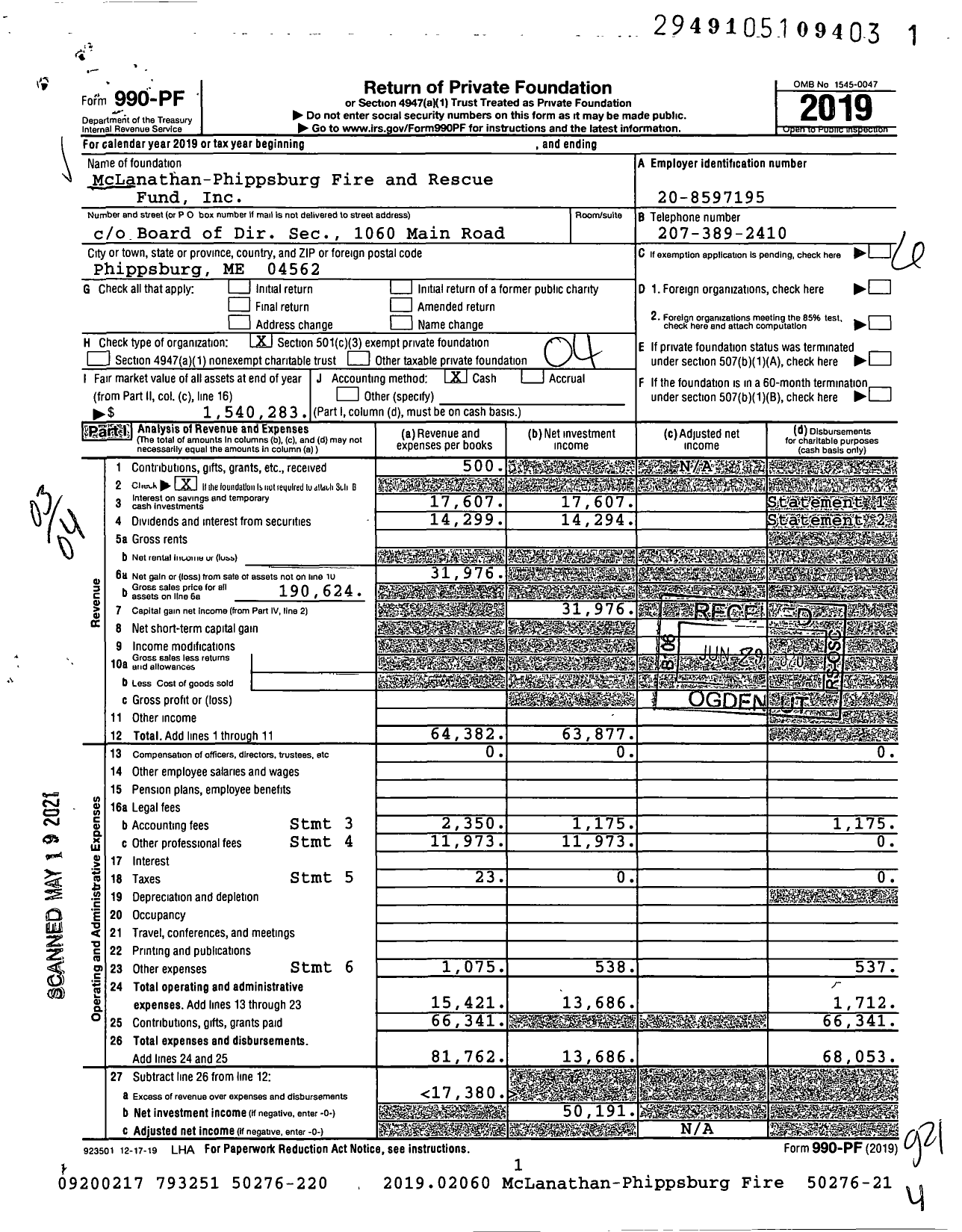 Image of first page of 2019 Form 990PF for McLanathan-Phippsburg Fire and Rescue Fund