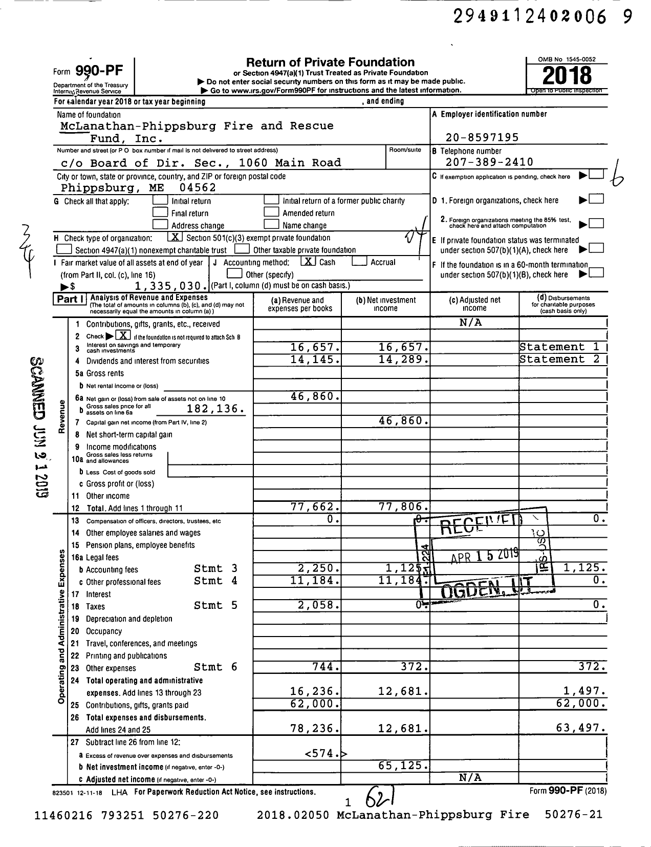 Image of first page of 2018 Form 990PF for McLanathan-Phippsburg Fire and Rescue Fund