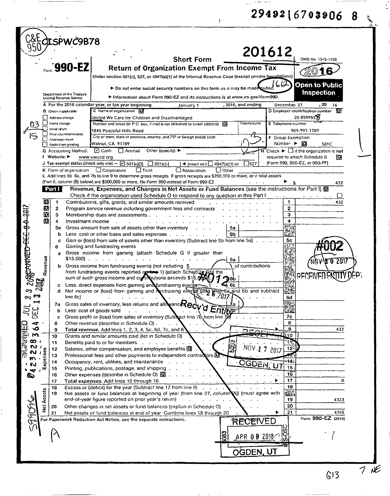 Image of first page of 2016 Form 990EZ for United We Care for Children and the Disadvantaged