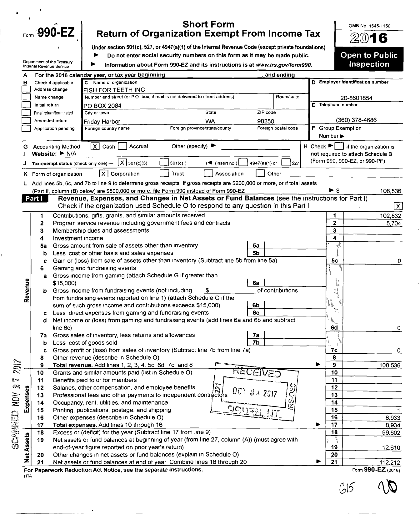 Image of first page of 2016 Form 990EZ for Fish for Teeth