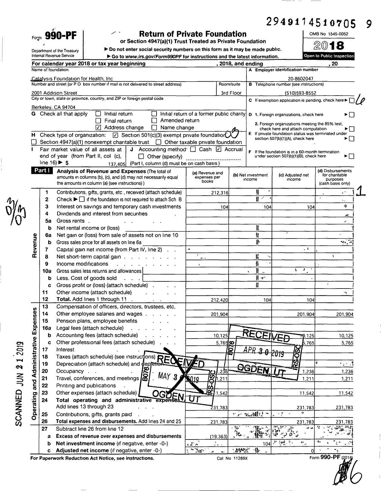 Image of first page of 2018 Form 990PF for Catalysis Foundation for Health