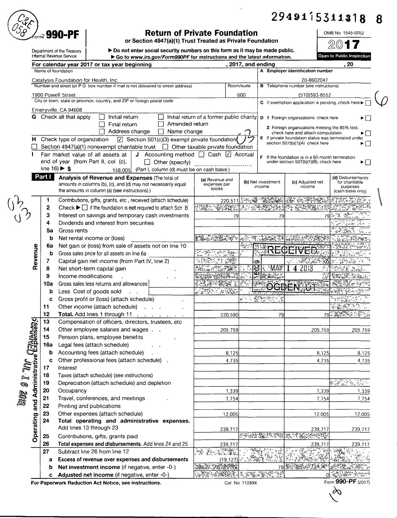 Image of first page of 2017 Form 990PF for Catalysis Foundation for Health
