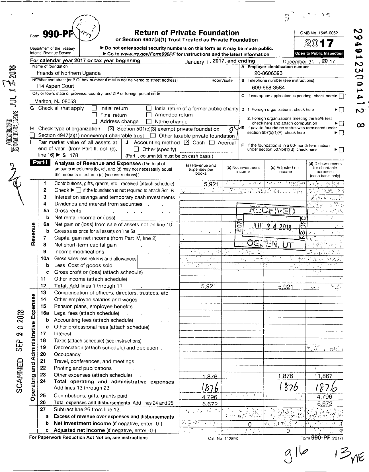 Image of first page of 2017 Form 990PF for Friends of Northern Uganda