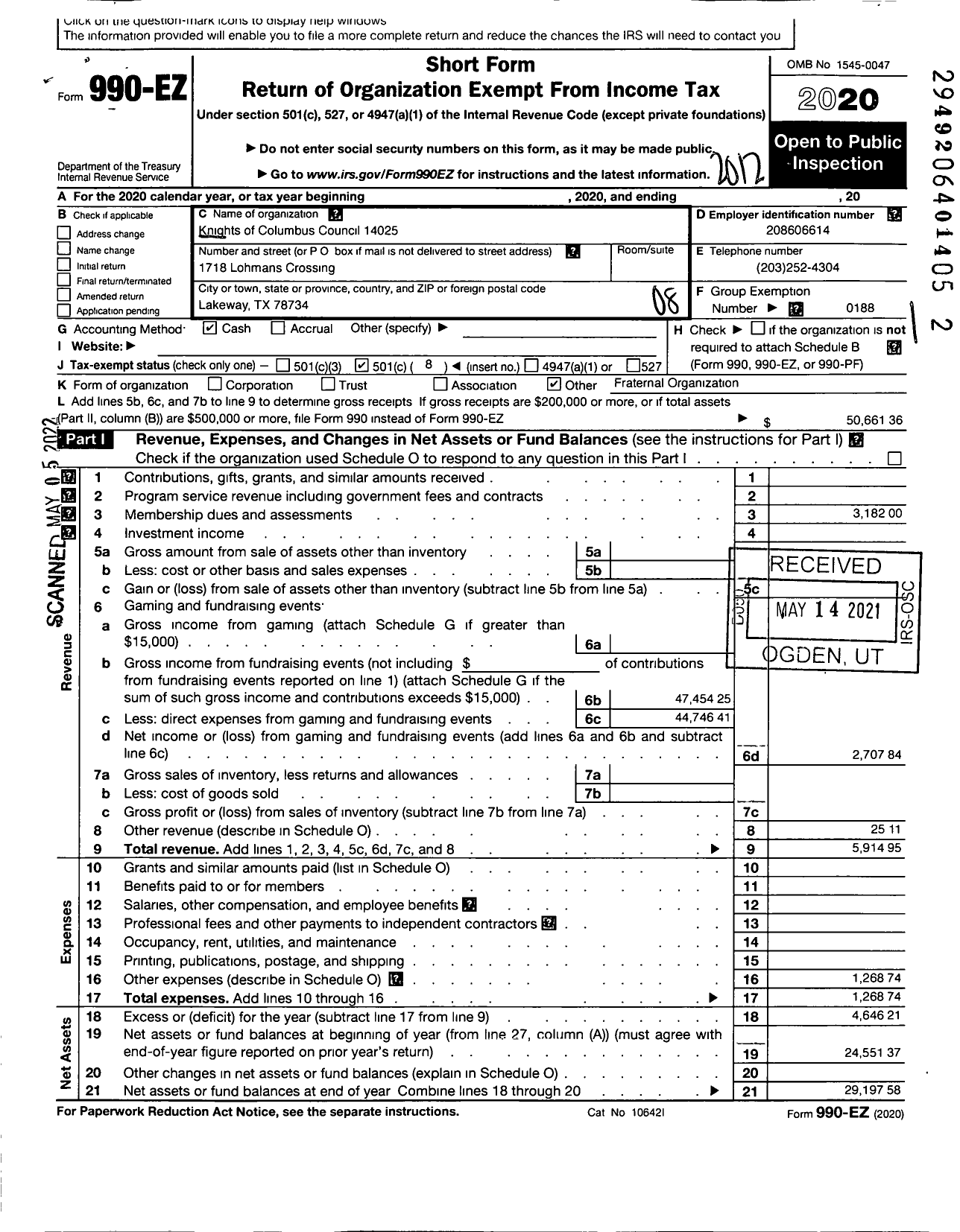 Image of first page of 2020 Form 990EO for KNIGHTS OF COLUMBUS - 14025 St Joseph OF Arimathea Counci