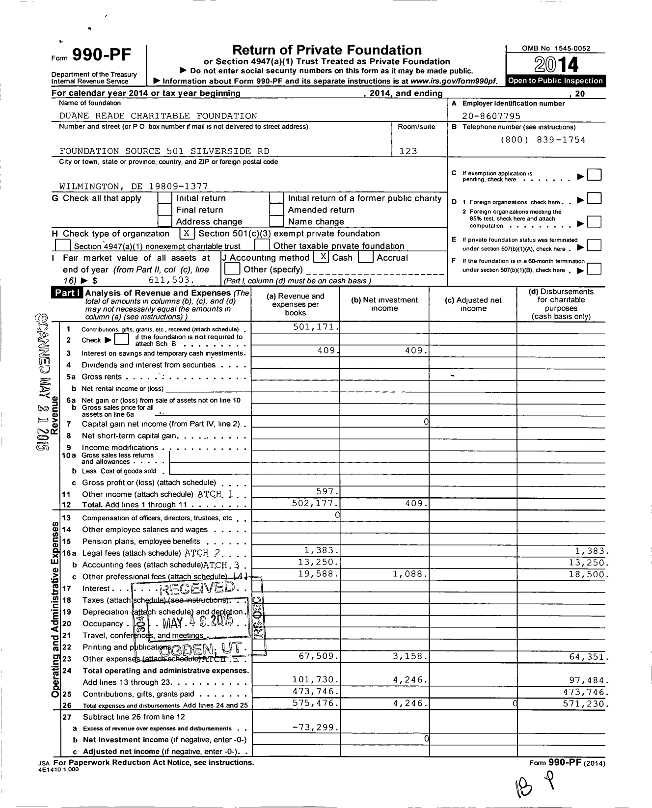 Image of first page of 2014 Form 990PF for Duane Reade Charitable Foundation