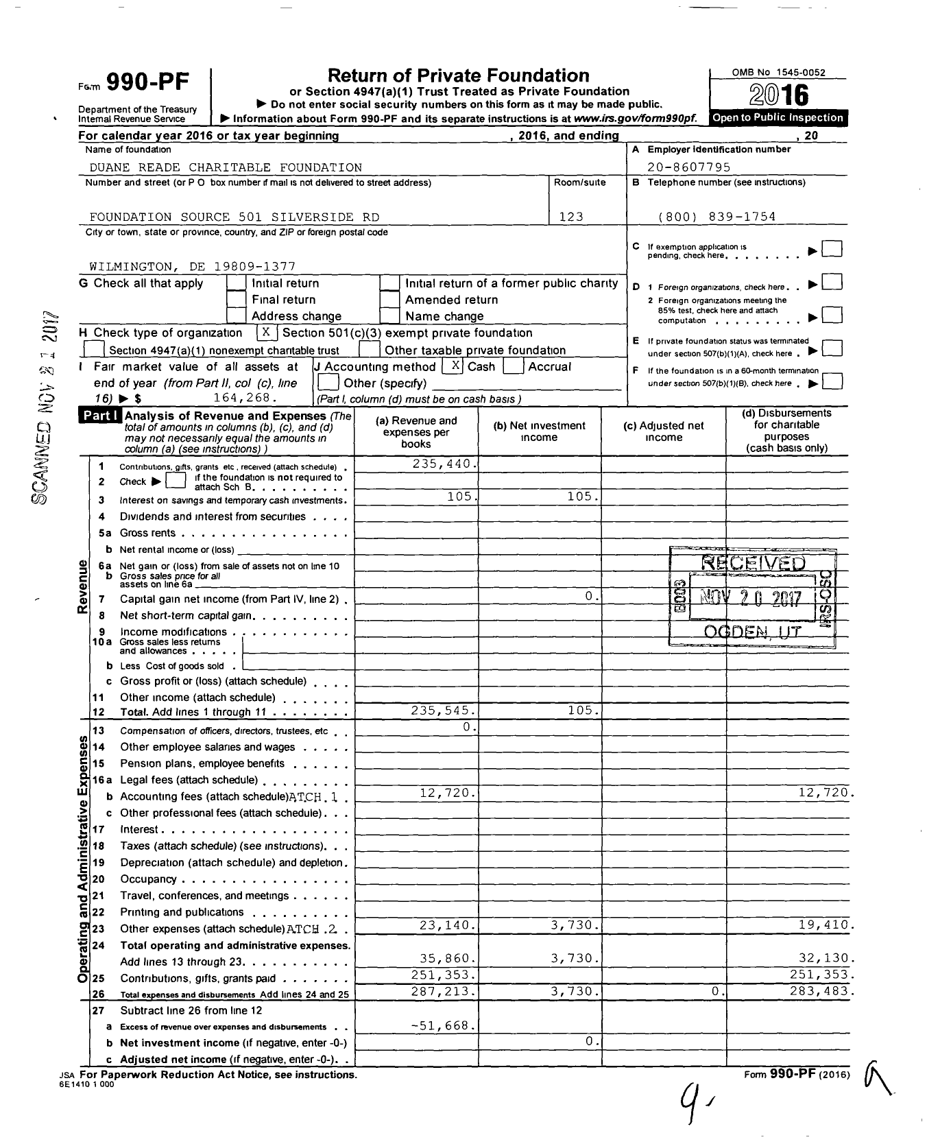 Image of first page of 2016 Form 990PF for Duane Reade Charitable Foundation