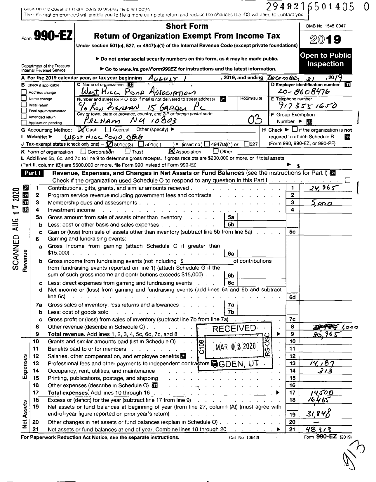 Image of first page of 2019 Form 990EZ for West Hill Pond Association