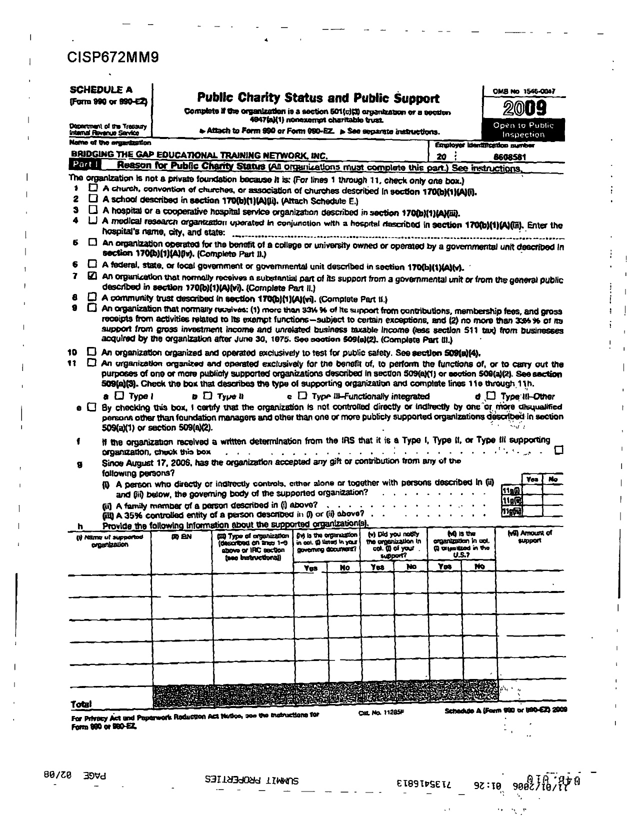 Image of first page of 2009 Form 990ER for Bridging the Gap Educational Training Network