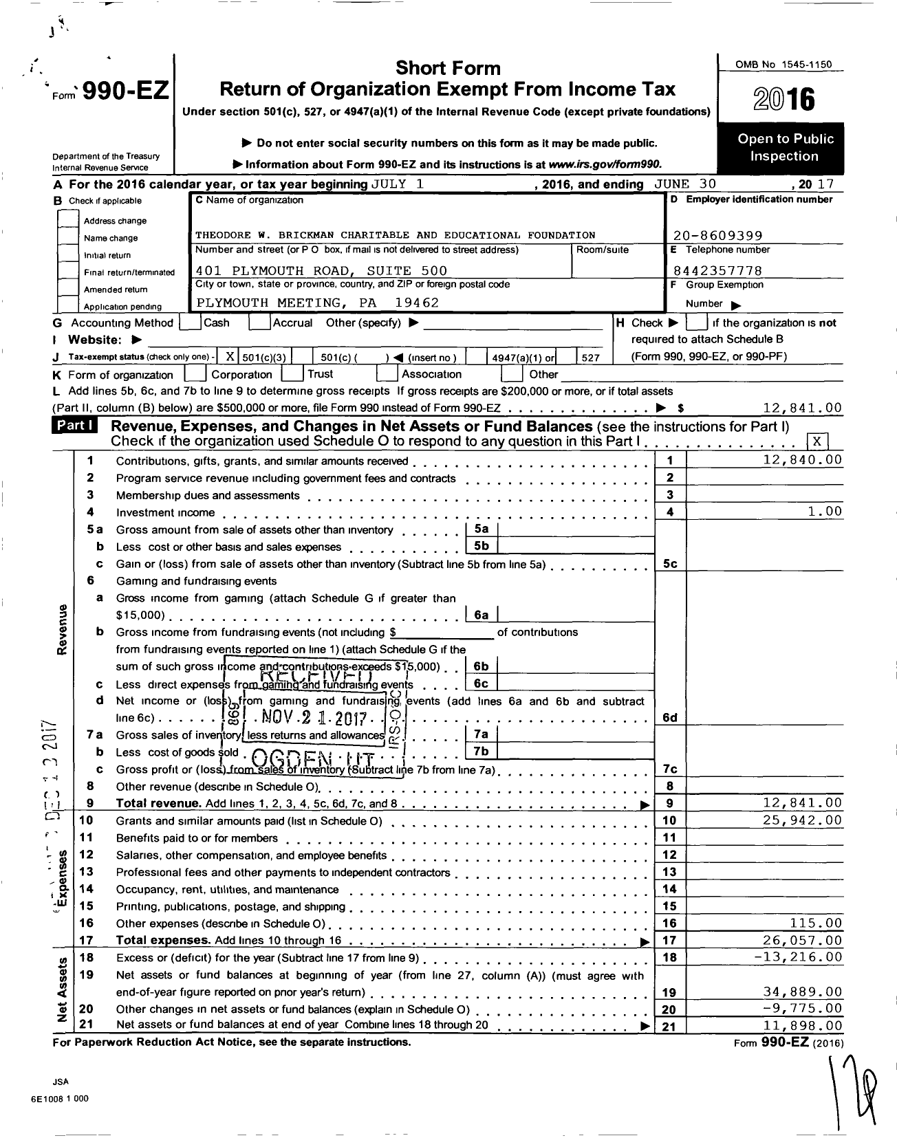 Image of first page of 2016 Form 990EZ for Brightview Landscape Foundation