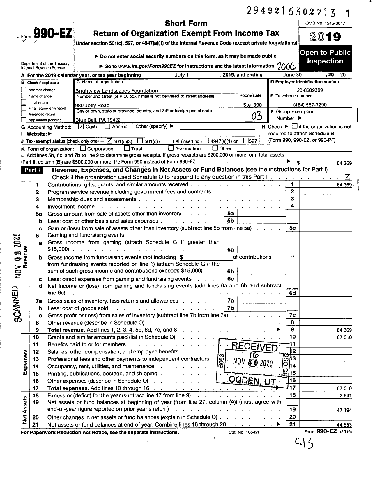 Image of first page of 2019 Form 990EZ for Brightview Landscape Foundation