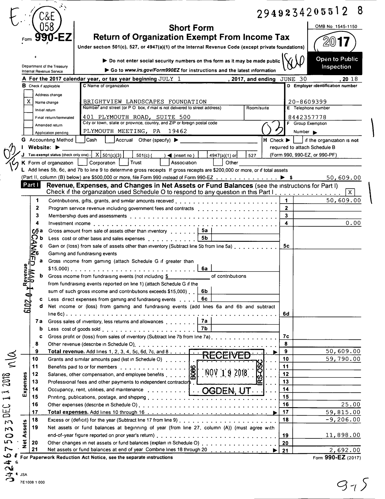 Image of first page of 2017 Form 990EZ for Brightview Landscape Foundation