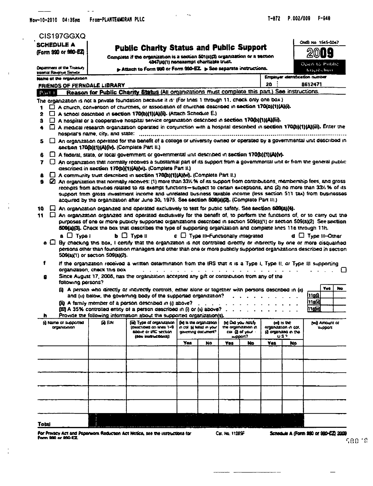 Image of first page of 2009 Form 990ER for Friends of the Ferndale Library