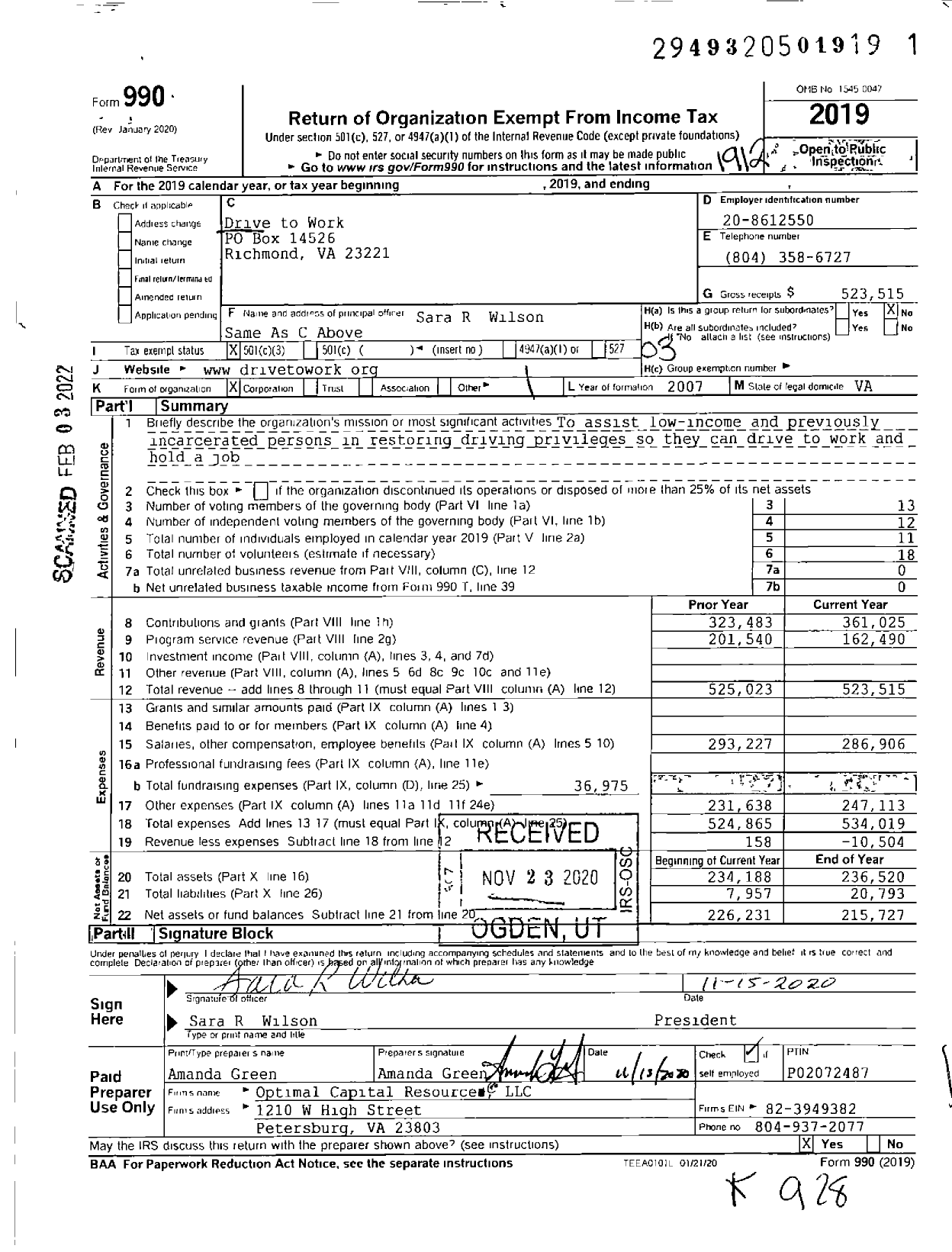 Image of first page of 2019 Form 990 for Drive to Work