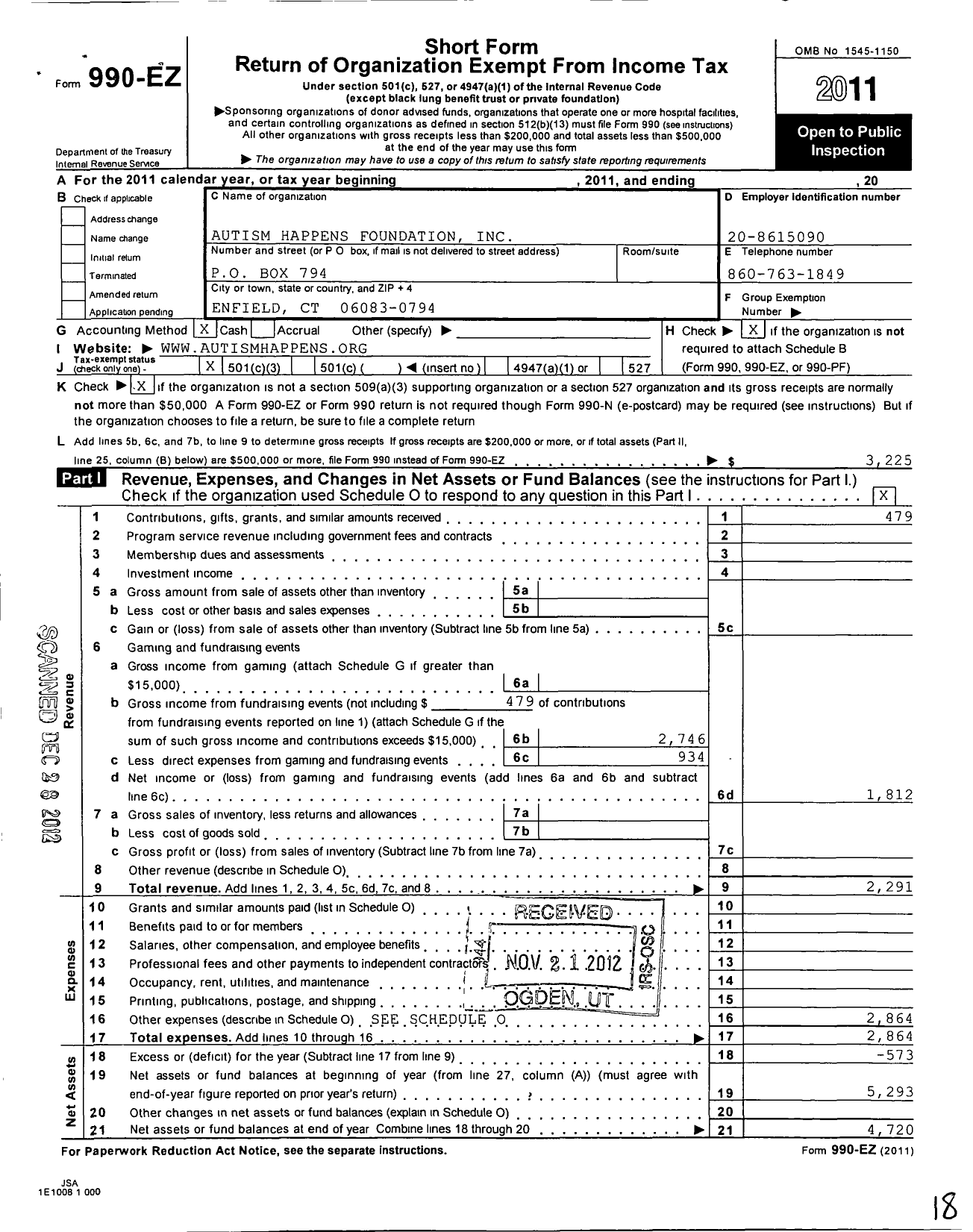 Image of first page of 2011 Form 990EZ for Autism Happens Foundation