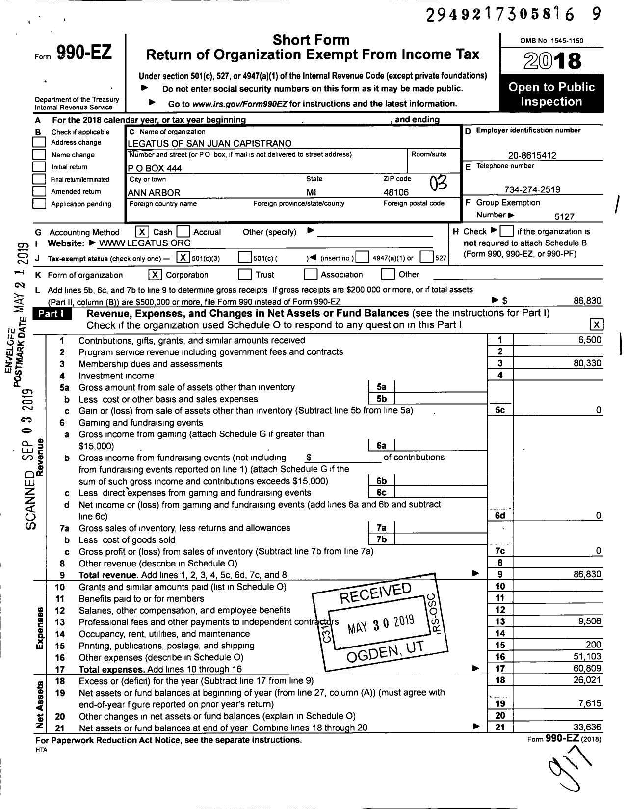 Image of first page of 2018 Form 990EZ for Legatus of San Juan Capistrano