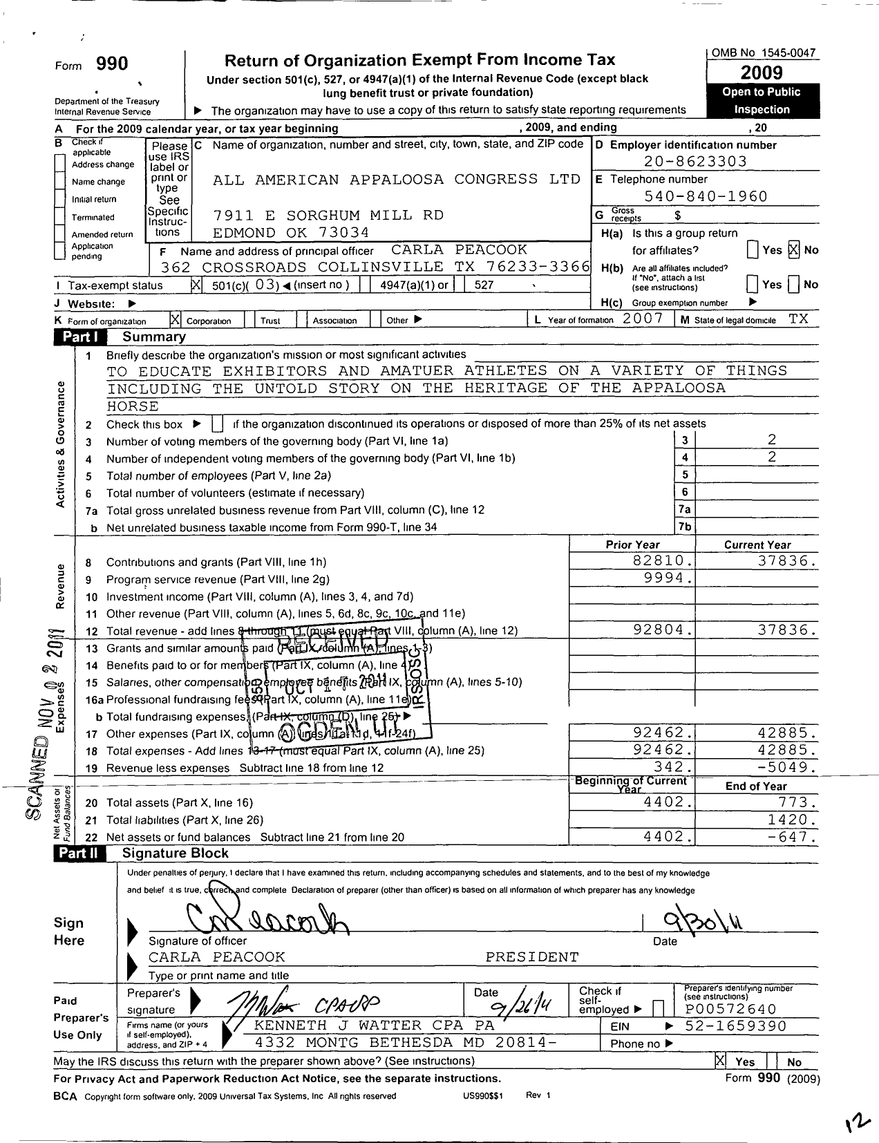 Image of first page of 2009 Form 990 for All American Appaloosa Congress