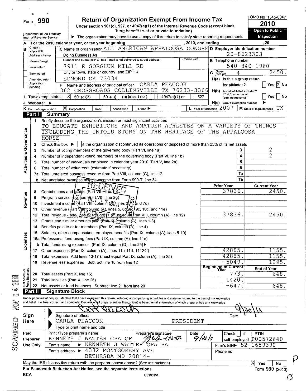 Image of first page of 2010 Form 990 for All American Appaloosa Congress