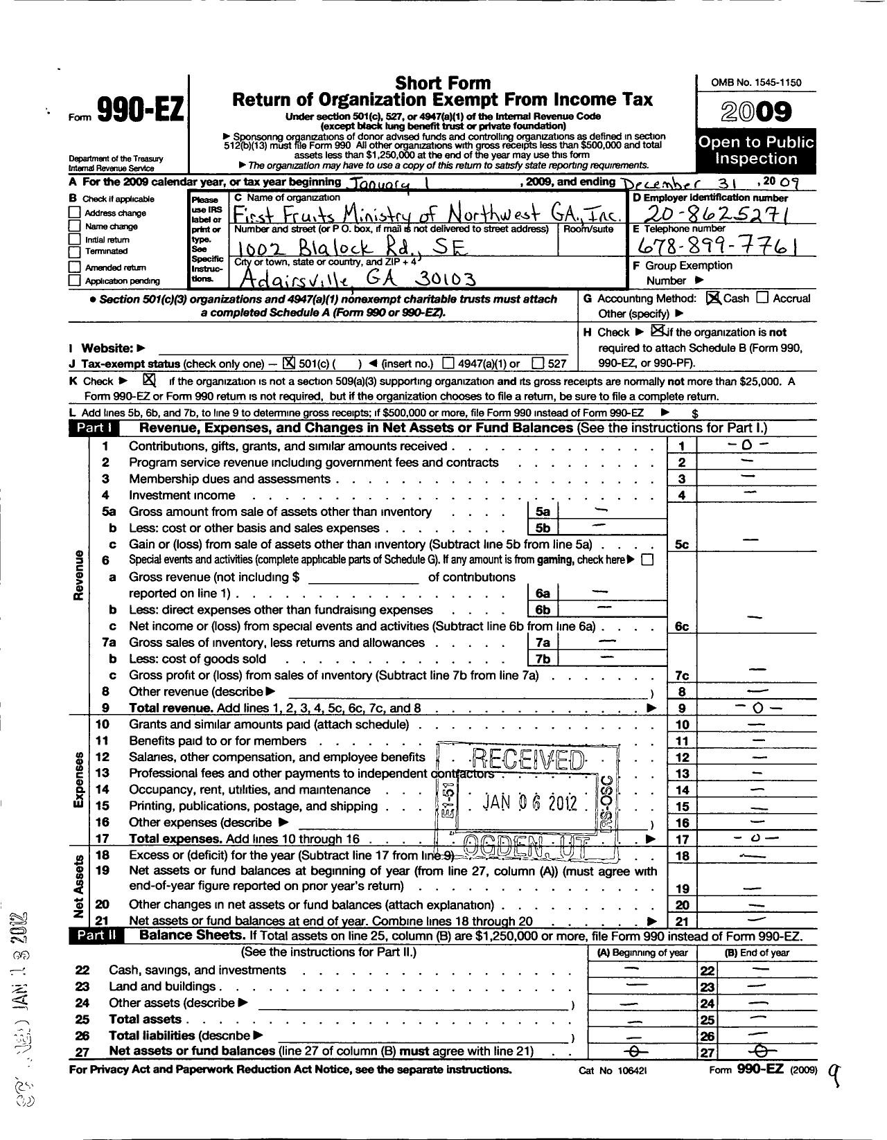 Image of first page of 2009 Form 990EO for First Fruits Ministry of Northwest Georgia