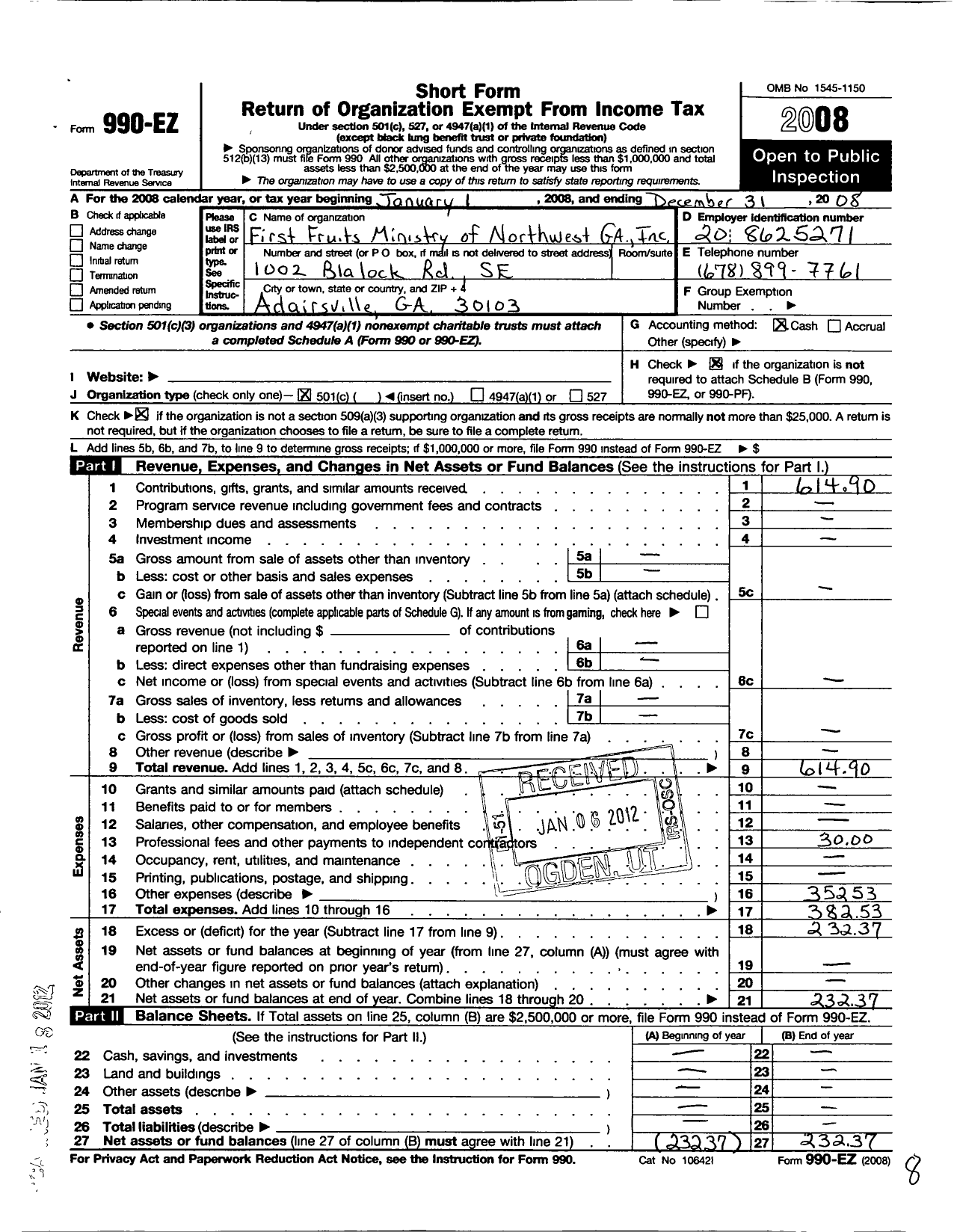 Image of first page of 2008 Form 990EO for First Fruits Ministry of Northwest Georgia