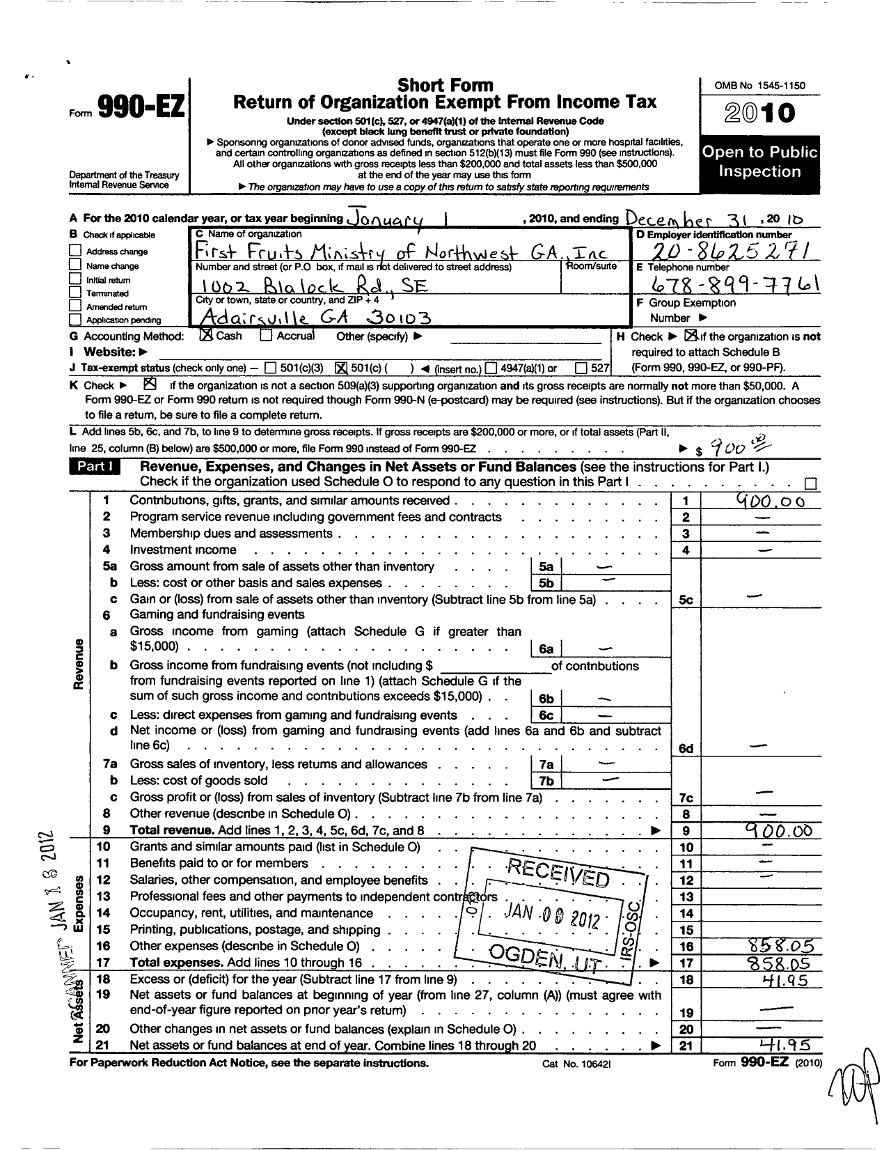 Image of first page of 2010 Form 990EO for First Fruits Ministry of Northwest Georgia