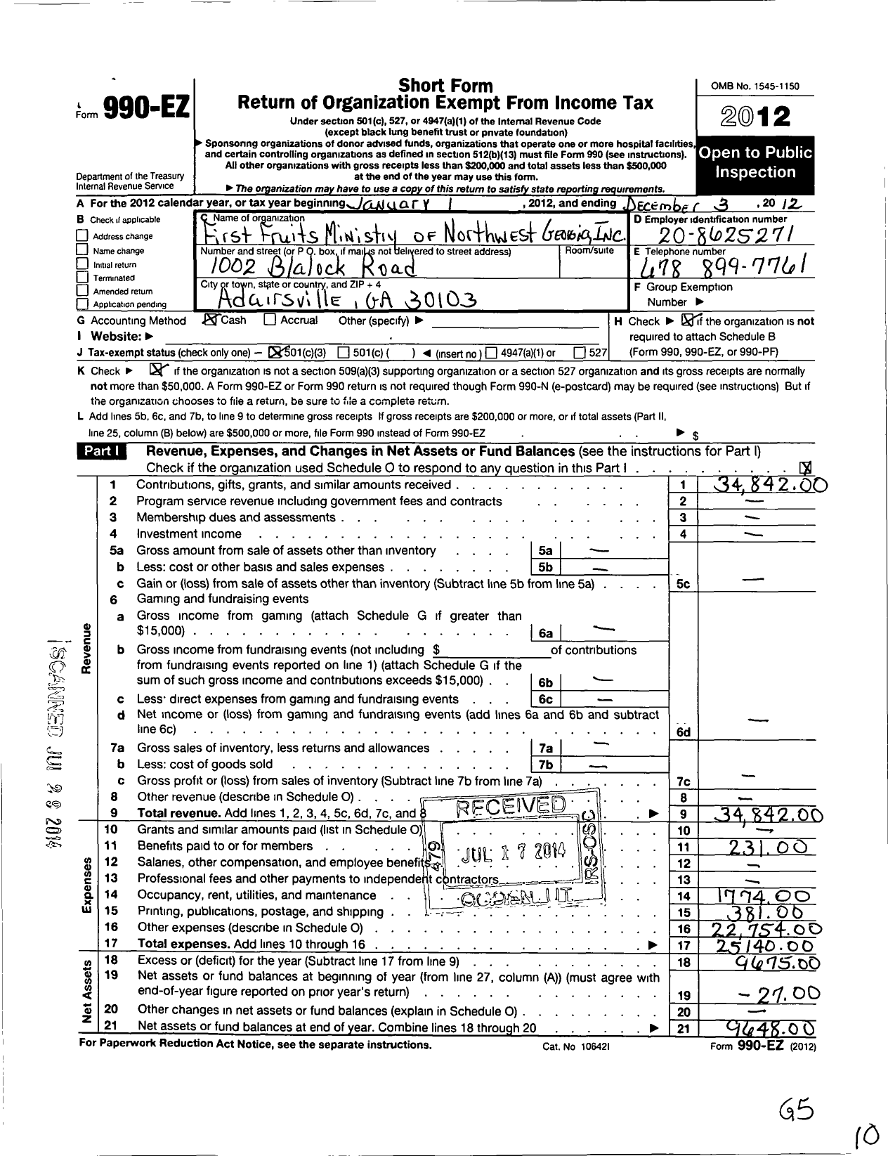 Image of first page of 2012 Form 990EZ for First Fruits Ministry of Northwest Georgia