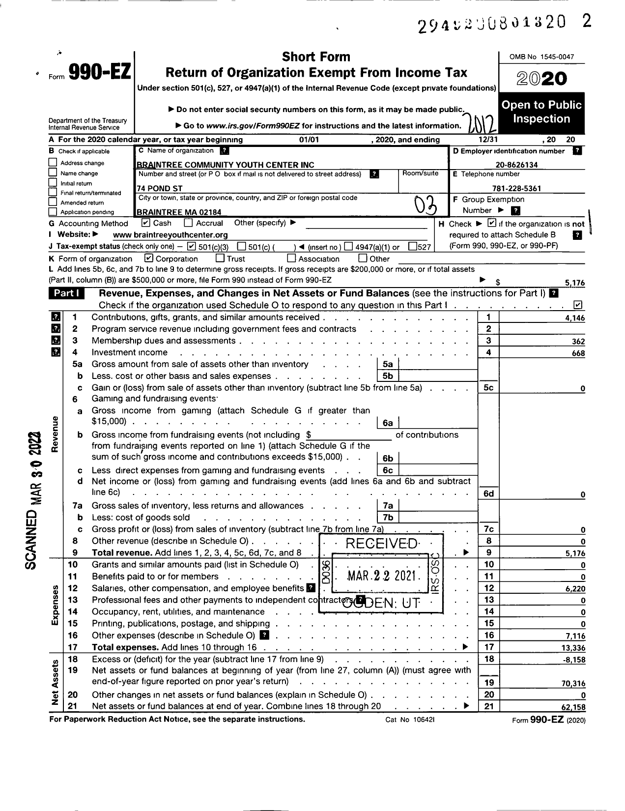 Image of first page of 2020 Form 990EZ for Braintree Community Youth Center