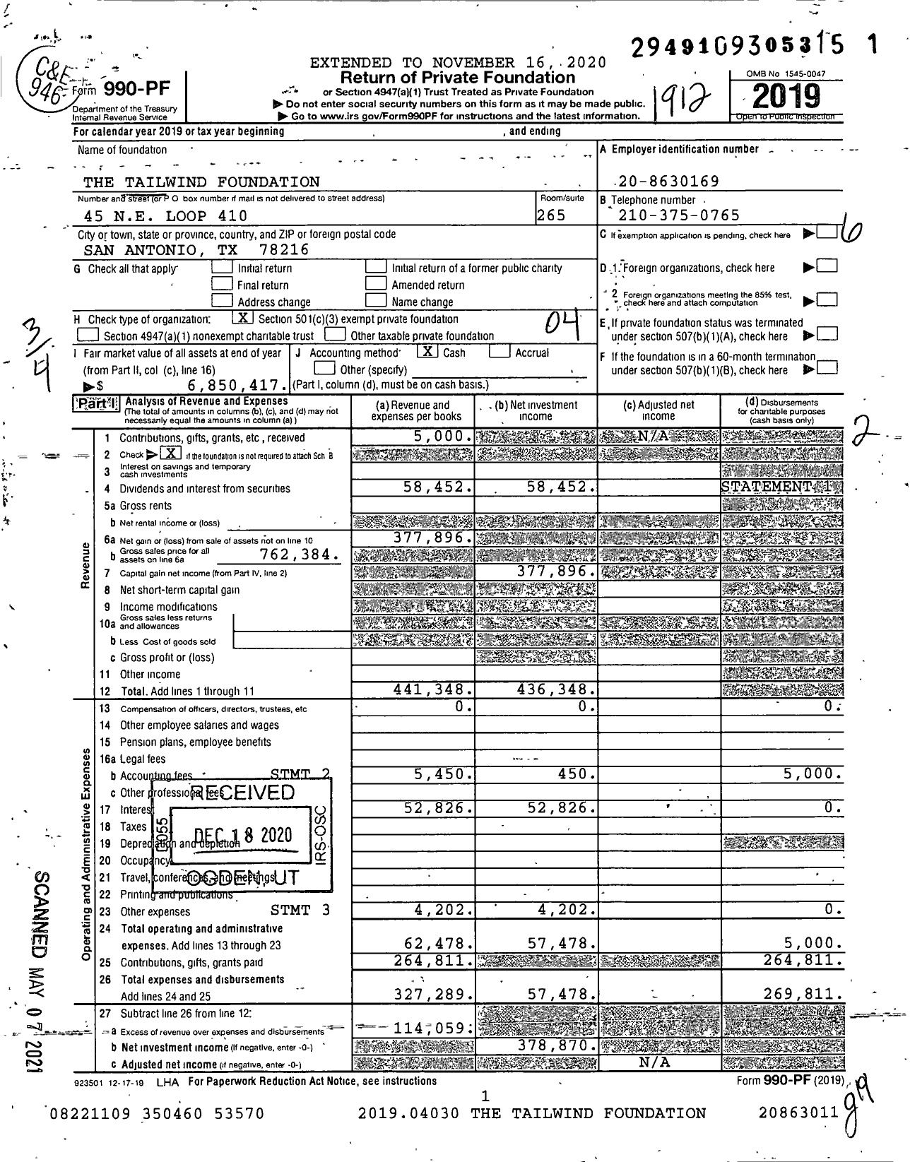 Image of first page of 2019 Form 990PF for The Tailwind Foundation