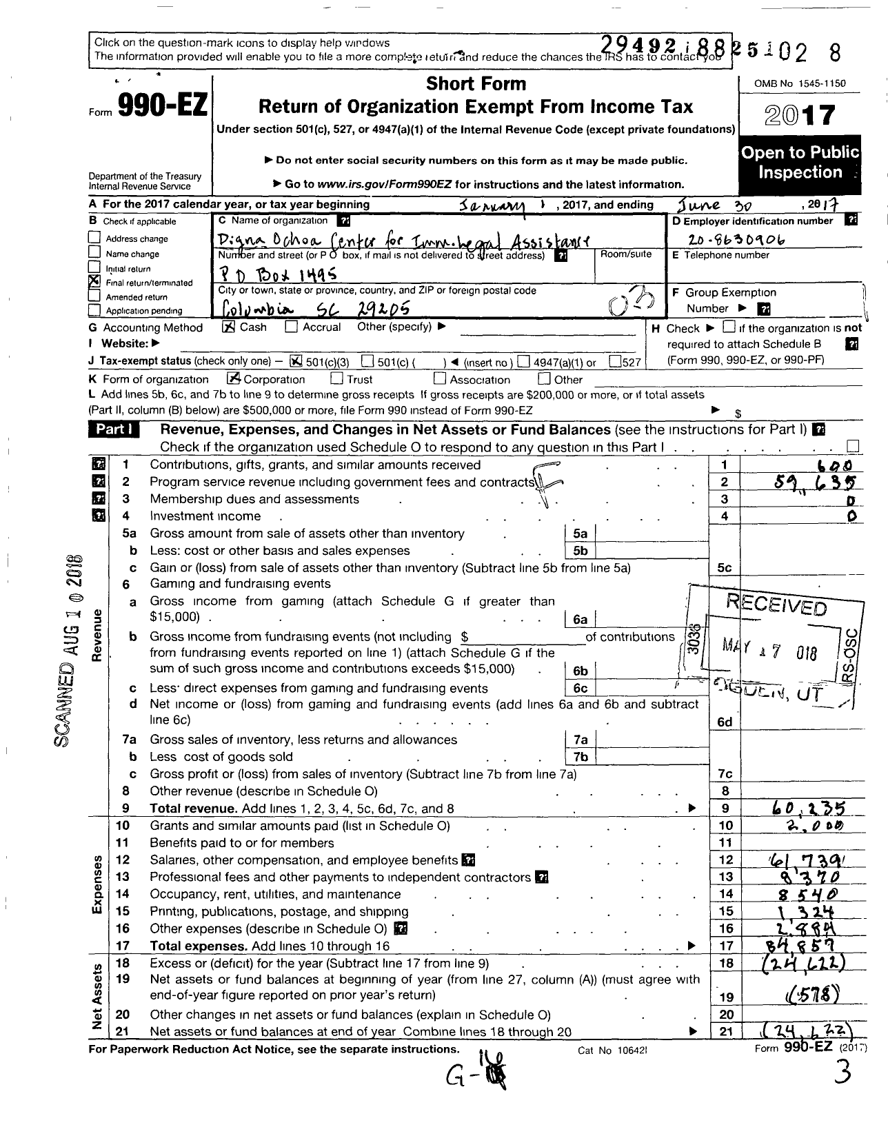 Image of first page of 2017 Form 990EZ for Digna Ochoa Center for Immigration Legal Assistance