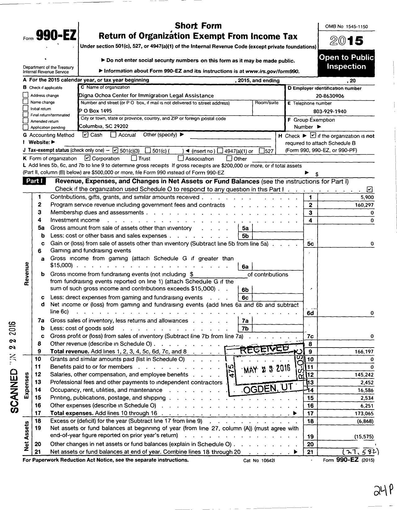 Image of first page of 2015 Form 990EZ for Digna Ochoa Center for Immigration Legal Assistance