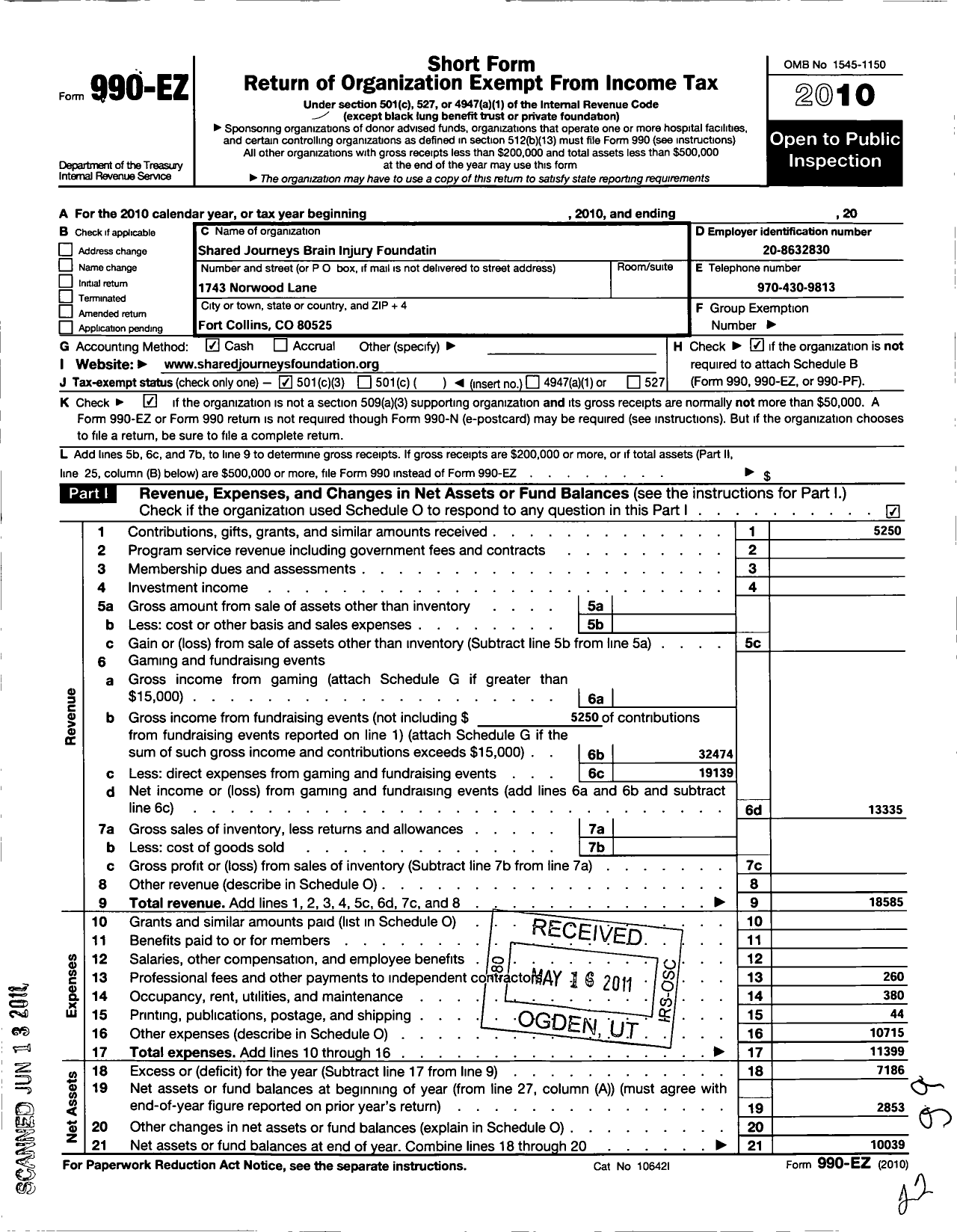 Image of first page of 2010 Form 990EZ for Shared Journeys Brain Injury Foundation